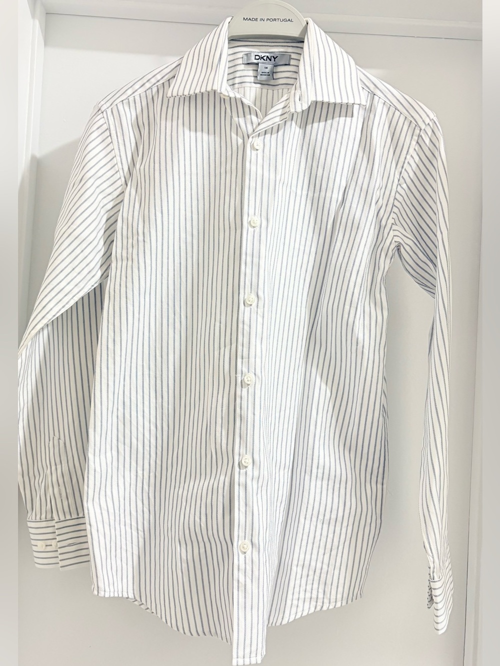 DKNY White Shirt with Blue Pinstripes - Classic Dress Shirt